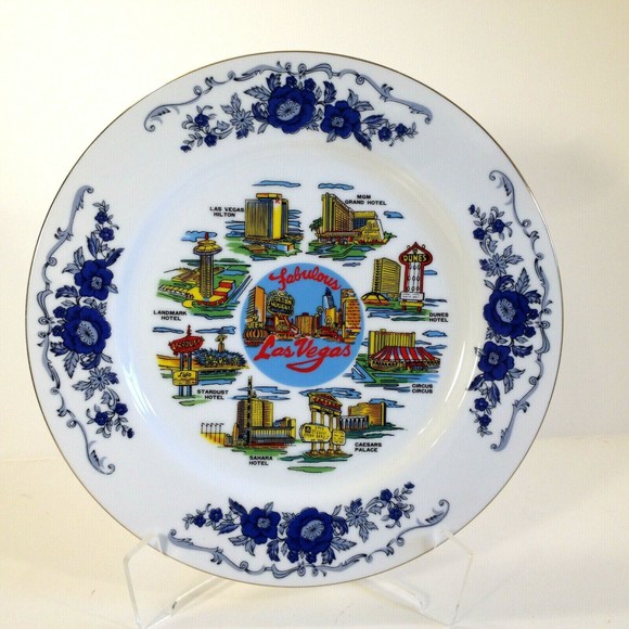 Vintage Schiff Las Vegas Souvenir Plate Gold Trim Sahara Stardust Hilton 10.25" - Picture 12 of 12